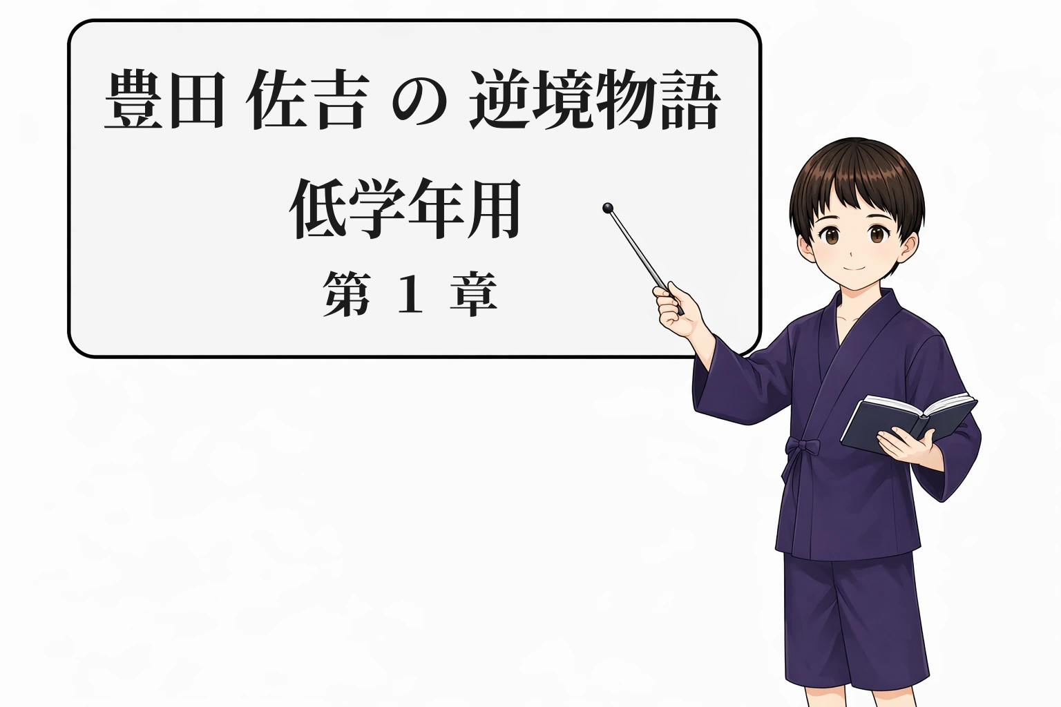 豊田佐吉の逆境物語 低学年用 第1回のアイキャッチ画像。黒板の前で本を持ち指し棒を持つ男の子が立っている。